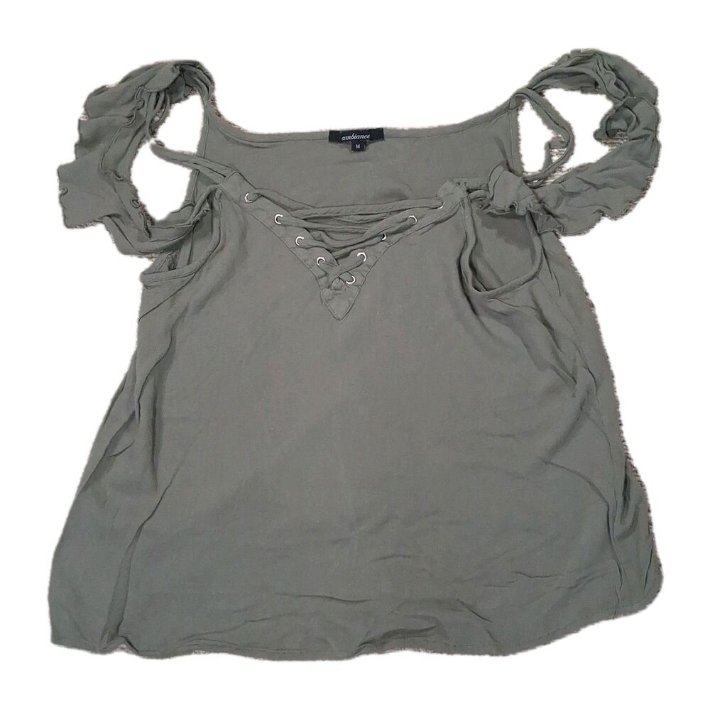 Ambiance Top M Green Cold Shoulder Lace Up Ruffle Short Sleeve Blouse Casual...